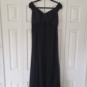 Black satin and chiffon gown with satin rosettes